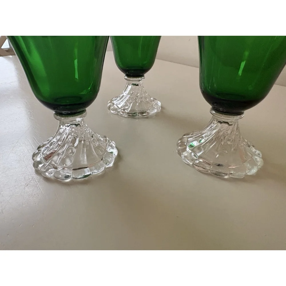 Set Of 3 Vintage Anchor Hocking Burple Inspiration Green Footed Glasses
